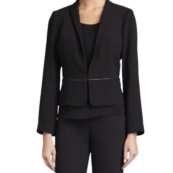 Eileen Fisher NWT Petite Tropical Blazer w Leather Trim Black Stand Collar PM - Picture 1 of 12